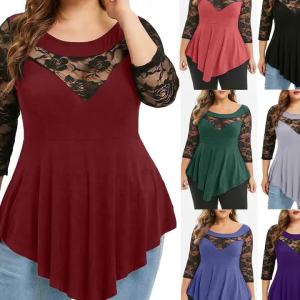 《311》 ค้าข้ามพรมแดน ฤดูใบไม้ผลิใหม่ เสื้อแขนสามส่วนลายดอกไม้ลูกไม้ขนาดใหญ่สำหรับผู้หญิง ชายเสื้อไม่สม่ำเสมอ คอกลมโปร่ง