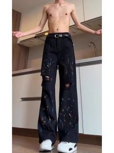 American Retro Splashed Ink Hole Denim Jeans Mens Summer New High Street Trend Micro Flared Long Pants Casual Wear
