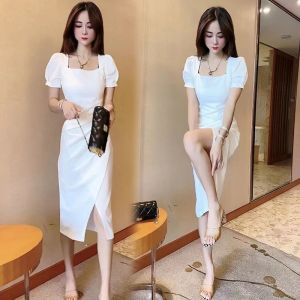 ชุดเดรสยาวปานกลางแขนพองคอเหลี่ยมแฟชั่นสำหรับผู้หญิง ฤดูร้อน 2023 ชุดเดรสกระโปรงทรงเอเข้ารูปกระชับสัดส่วน ชุดทำงานสไตล์เกาหลี