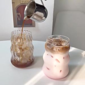 Vintage Ribbed Glassware Water Tumbler 18 oz Aesthetic Ripple Glass Tumbler Ripple Glassware Coffee Cup Cute Glass Tumbler for Iced Coffee Juice Drink Milk (big stripes-Small Mouth)