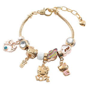 Sanrio | Cute Hello Kitty Charm Bracelet Zinc Alloy with Enamel Kitty & Crystal Beads Gold Tone Adjustable Wristband