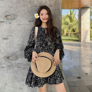French Style Floral Print Loose Dress Womens Spring Autumn 2025 New Elegant Sweet Doll Skirt Black Color Charming A-Line Gown