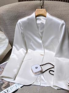 Elegant White Acetate Satin Womens Suit Jacket Slim Fit Design Spring Autumn New Style Commute Friendly Fashionable Workwear