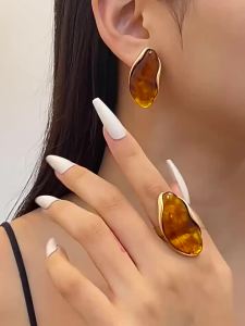 Vintage Màu Vàng Nhựa Hình Học Mở Nhẫn Có Thể Điều Chỉnh Màu Nâu Xanh Màu Be Cho Nữ Cổ Điển Thời Trang Món Quà Trang Sức