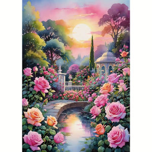 KAYOU | 5D Diamond Art Painting: Full Diamond Pink Rose Garden Series Round Rhinestones Floral Theme Complete Diamond