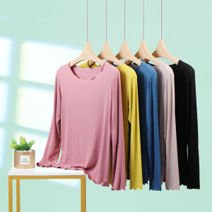 Slim Fit Modal Long Sleeve round Neck Base Shirt Thin Design Wooden Edge Detailing Ladies Top for Autumn Season Casual Wear