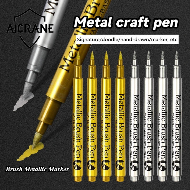 AICRANE 6Pcs Soft Brush Metallic Marker Pens Set Gold Silver White