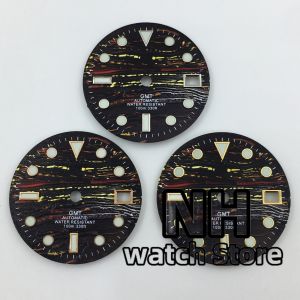 NH 29mm Tigers Eye Textured GMT Watch Dial Silver Rose Gold Index Hand Set Green Luminous Fit NH34 NH35 Movement Watch Parts