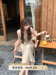 Elegant Long Dress Womens Summer New Style Korean Version High Waist A-Line Skirt Soft Polyester Fabric No Stretch Elastic