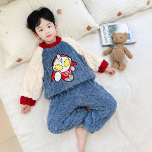 Boys Pajamas 2024 New Arrival Autumn Thickened Winter Boys Ultraman Hooded Suits Kids Baby Winter Flannel