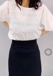 Hollow Lace Shirts Women Summer Puff Sleeve Tops Vintage Elegant Pullover Women Fashion O-neck White Blouse