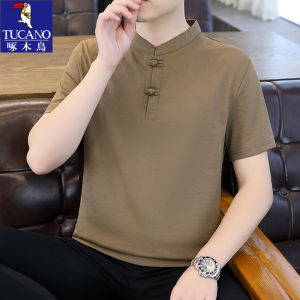 Woodpecker Stand Collar Short Sleeve Mens T-Shirt 2024 Summer New Arrival Casual Half Sleeve Youth Chinese Style Buckle Polo Shirt