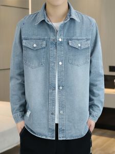 ROMON | Lormen Mens Denim Shirt Casual Long Sleeve Turn-down Collar Workwear Outerwear Fashion Urban Style Cotton Polyester Blend