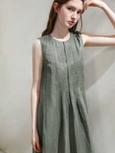 Miccbeirn | Pure Linen Long Sleeveless Dress Flash Spray Gold A-Line Skirt High Waist Commute Style Summer Season Simple Folded Hemline