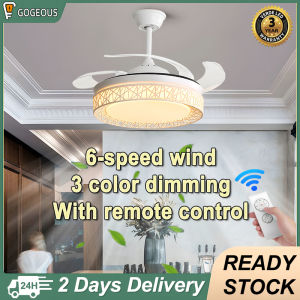Gogeous white 42inch ceiling fan with light modern design 3 color dimming 6 speed wind ceiling fan with led lights and remote invisible fan blades for living room dining room bedroom