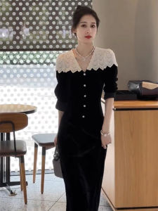 Elegant French Hepburn Style Long Sleeve Velvet Dress Black Evening Gown for Women Autumn Fashion High Waist Ball Dress