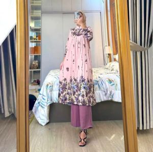 Setelan Tunik Wanita Terbaru Arumi Long Tunik Rayon Celana Cringkle Busui Freindly