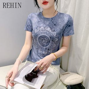 REHIN Summer new fashion unique pattern printing short-sleeved T-shirt round collar elegant womens top