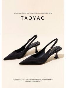 รองเท้าแตะส้นสูงแบบหัวแหลมสีดำสำหรับผู้หญิงในช่วงฤดูร้อนปี 2025 รองเท้าแตะแบบมีสายคาดหลัง สวมใส่สบาย ระบายอากาศได้ดี ผลิตจากวัสดุไนลอน