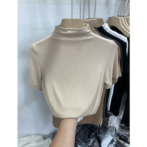 Elegant Half High Neck Soft Ribbed Short Sleeve T-Shirt Womens Early Autumn New Style Pure Color Versatile Base Shirt Trendy Top