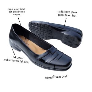 D&f A06 | Sepatu Pantofel Kulit Wanita Hitam Hak 3cm Ukuran Besar