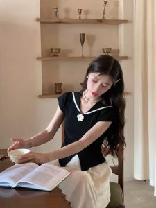 Sailor Collar Ice Silk Sweater Short Sleeve T-Shirt Womens Summer Miu Style Gold Style Niche Style Unique Chic Flower Tops