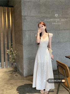 Váy Dài Chữ a Trắng Cổ Chữ V Thêu Ren Thanh Lịch Mùa Hè Cho Nữ Váy Công Sở Phong Cách Hàn Quốc Váy Chữ a Cạp Cao