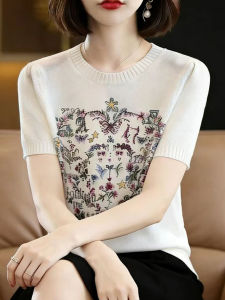 BAIWEISILI | Embroidered Heart-shaped Design Short Sleeve Womens Plus Size Icy Silk Tee