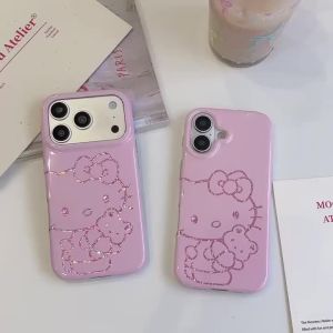 Sanrio | Cute Line Glitter Hello Kitty Phone Case Large Camera Window Soft Shockproof Protective Cover For iPhone 16 Pro 17 15 17 Pro Max