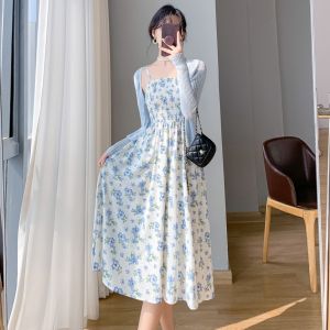  Sweet Floral Print Sling Dress Two-Piece Set Womens Summer Fashion Elastic Waist Midi Skirt Square Collar Pullover