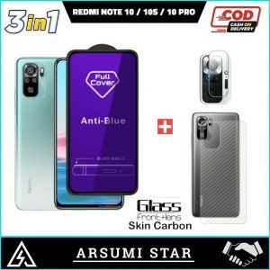 PROMO PAKET MURAH 3 IN 1 Tempered Glass Redmi Note 10 / 10S / 10 Pro Anti Gores Kaca + Camera Lens + Skin Carbon