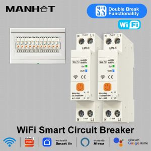 Manhot WiFi 63A Smart Circuit Breaker Swith Double Breaker N+L Line Function Voltage Current Protection Work Tuya App Control