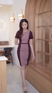 Laboratory เดรส 8684(24) เดรสคอกลมแต่งผ้าพิมพ์ลายด้านหน้า ทรงสอบ สี สีของส่วนหนัง 3XL