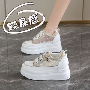 Womens Sport Shoes Breathable Mesh Heightening Sneakers Cross Lacing Color Block Casual round Toe Thick Heel Summer New
