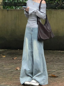 Retro American High เอว ขากว้าง กางเกงยีนส์ ผู้หญิง หลวม Slim Washed Light Blue Straight กางเกงขายาว ฤดูใบไม้ร่วง ฤดูหนาว รูปแบบใหม่