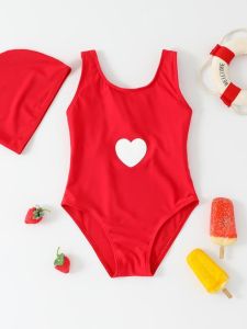 New 24 Consistent Training One-Piece Swimsuit for Girls Childrens Swimwear Heart Pattern Moderate Coverage Swimming Suit