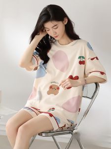 MiiOW | Bộ đồ ngủ cotton nguyên chất in họa tiết hoạt hình dễ thương mùa hè cho nữ Bộ đồ mặc nhà thoải mái thoáng khí