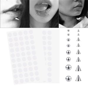 8ชิ้นเล็บไม่ใช่เจาะสติ๊กเกอร์ติดริมฝีปากกาวนำกลับมาใช้ใหม่กันน้ำริมฝีปากปลอมเล็บคิ้วห่วงสแตนเลสเจาะจมูกและหูร่างกายท้องกระดุมเครื่องประดับ
