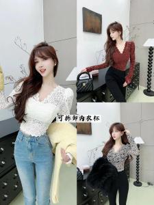 Áo Sơ Mi Ren Lót Nhung Cổ Chữ V Cạp Cao Cho Nữ Mùa Thu 2024 Áo Khoác Ngoài Dài Tay Màu Trơn Có Đệm Ngực Và Khóa Kéo