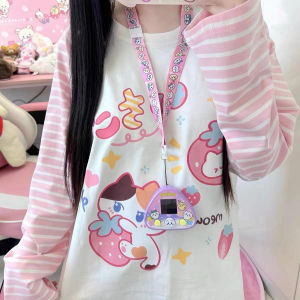 Kawaii Cartoon Tshirt Hip Hop Pink T-shirt Boyfriend Korea T Shirt Long Sleeve Loose Striped Tshirt Streetwear Autumn Tops Girl