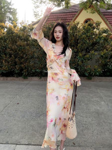 Váy Hoa Rộng Rãi Phong Cách Hàn Quốc Mùa Hè 2025 Mới Cao Cấp Thanh Lịch Váy Midi Dài Tay Cổ Chữ V Váy Công Sở