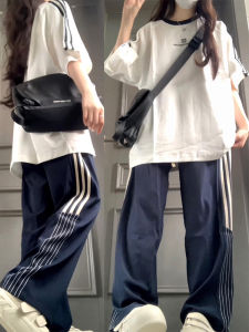 Preppy Style Casual Sportswear Suit Womens Summer Fashion Patchwork Stripes Short Sleeve Pants Student Girl Two-piece Set