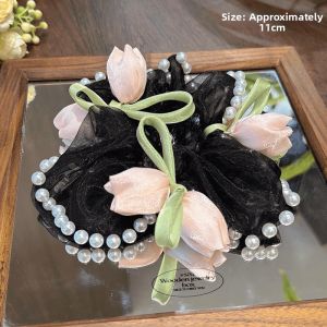 NING ZHOU | Elegant Pearl and Tulle Tulip Headband Women