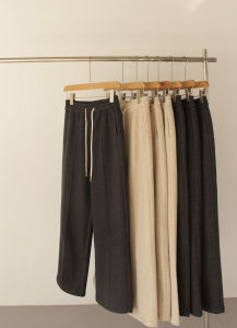 Autumn Winter Plaid Wide Leg Pants Women Spring Autumn Wool Straight Legged Trousers Fleece Lined Grey Woolen Pants Stylish