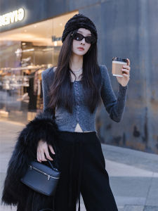 สลิมฟิต สี่เหลี่ยม ปกเสื้อ แขนยาวถัก เสื้อท่อนบน สไตล์สั้น ผู้หญิง แฟชั่น ฤดูใบไม้ร่วง ใหม่ ดีไซน์ Sensation Base Shirt Upper Body