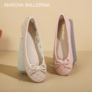 Marcha Ballerina Ballet Flats Dress Shoes K-style Easiest for Match round Toe Flat Bottom Bowknot Shoes