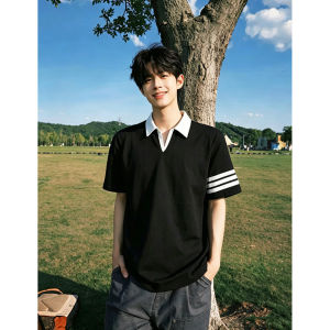ZHUOCAN | Black Three Stripes V-Neck Short Sleeve Cleanfit American Polo Shirt