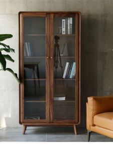 Modern Minimalist Double Door Bookcase Dustproof Glass Cabinet Solid Wood Natural Oak Color Study Room Storage Large Capacity