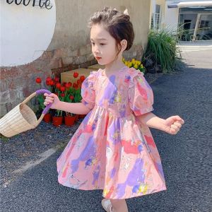 Little DR Dress Kids Girls Summer Princess Puff Short Sleeve Skirts Long Korean Style Floral Cartoon Party Birthday Clothes Children Baby Pink baju merdeka kanak kanak perempuan