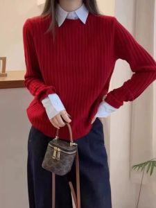 Red Thickened Doll Collar Shirt Sleeve Womens Base Shirt Spring Autumn Winter Commute Korean Style Long Sleeve Regular Length